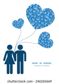 Vector blue white lineart plants couple in love silhouettes frame pattern invitation greeting card template