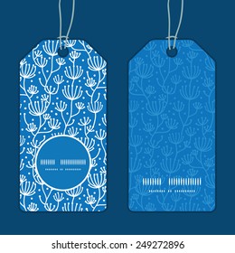 Vector blue white lineart plants vertical round frame pattern tags set
