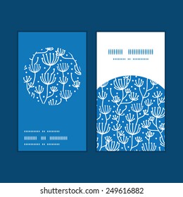 Vector blue white lineart plants vertical round frame pattern business cards set