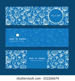 Vector blue white lineart plants horizontal banners set pattern background
