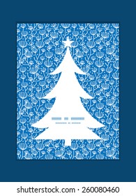 Vector blue white lineart plants Christmas tree silhouette pattern frame card template