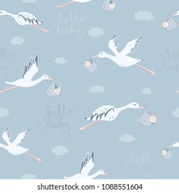 Vector blue, white and pink hello baby seamless pattern background. Perfect for fabric, scrapbooking, wallpaper projects.