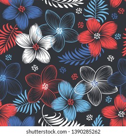 Vector blue, white and red seamless floral pattern with leaves and flowers. 