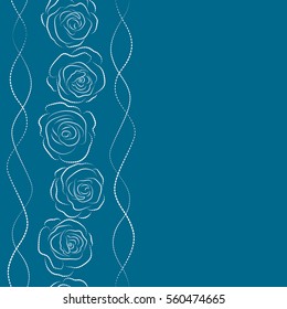 Vector blue and white rose flowers vertical seamless pattern with copy space (place for your text).