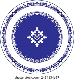 Vector blue and white round Kazakh national ornament. Ethnic pattern of the peoples of the Great Steppe, Kazakh, Mongols, Kyrgyz, Kalmyks, Buryats. Circle, frame border. For sandblaster