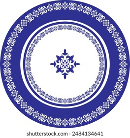 Ornamento nacional kazajo redondo en azul y blanco Vector. Patrón étnico de los pueblos de la Gran Estepa, kazajos, mongoles, kirguisos, calmucos, buryats. Círculo, borde de marco. Para chorro de arena