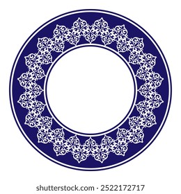 Vetor azul e branco redondo ornamento nacional cazaque. Padrão étnico dos povos da Grande Estepe, Cazaque, Mongóis, Quirguistão, Kalmyks, Buryats. Círculo, borda do quadro. Para cerâmica, bordados