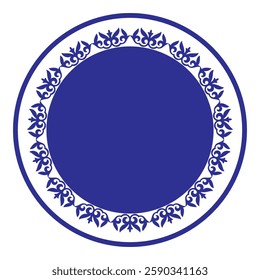 Vector blue, white round Kazakh national ornament. Ethnic pattern of the people Great Steppe, Kazakh, Mongol, Kyrgyz, Uzbek. Circle frame border. For sandblaster, plate, textile, embroidery, porcelain