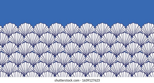 Vector blue and white seashells horizontal border pattern. Suitable for gift wrap, textile and wallpaper.