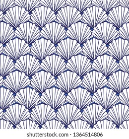 Vector blue and white seashells repeat pattern. Suitable for gift wrap, textile and wallpaper. Surface pattern design.