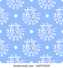 Vector blue and white smiling cow pattern with MOO lettering. Seamless design in line doodle style for textile prints, wrapping paper, milk packages etc.