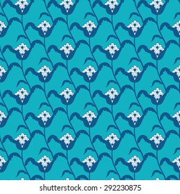 Vector Blue White Stylized Flowers Geometric Seamless Pattern