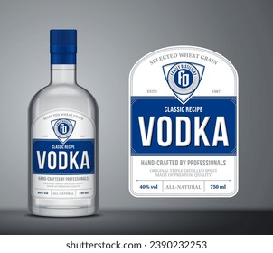 Plantilla de etiqueta de vodka azul y blanco vectorial. Frasco de vidrio de Vodka con etiqueta. Destitución de elementos de diseño empresarial