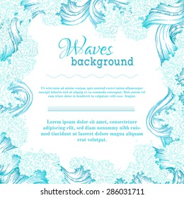 Vector blue and white waves background. Ocean/sea hand-drawn decorative frame. There is place for text in the center. 