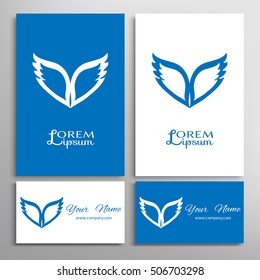 Vector blue and white wings logo set. Winged logo company, icon wing flying. Eagle wing brand and logotype wing bird illustration. Business cards set with stylized wings