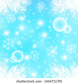 Vector blue winter background with coniferous branches, snowflakes and sparkles. Christmas design.