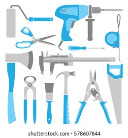 Vector blue working tools collection for construction and repair