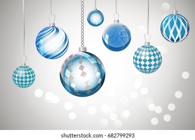 
Vector blue xmas background abstract. Christmas ball snow ornaments set isolated. Christmas decoration with xmas lights and bokeh. New year blue decoration background. 

