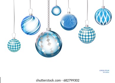 Vector blue xmas background abstract. Christmas ball snow ornaments set isolated. Christmas decoration with xmas lights and bokeh. New year blue decoration background. 
