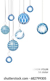 Vector blue xmas background abstract. Christmas ball snow ornaments set isolated. Christmas decoration with xmas lights and bokeh. New year blue decoration background. 
