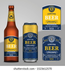 Vector blue and yellow beer labels. Realistic aluminum can and glass bottle mockups. Brewing company branding and identity design elements