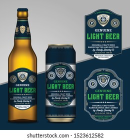 Vector blue and yellow beer labels. Realistic aluminum can and glass bottle mockups. Brewing company branding and identity design elements