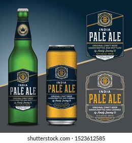 Vector blue and yellow beer labels. Realistic aluminum can and glass bottle mockups. Brewing company branding and identity design elements