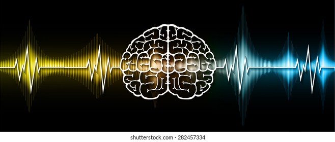 vector blue yellow brain processes technology, creative idea concept. wave. ecg, ekg, electrocardiogram.