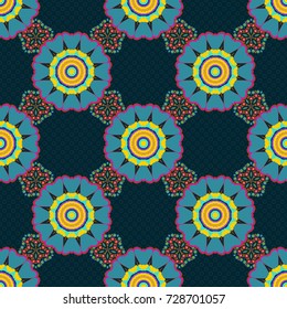 Vector blue, yellow and brown creative Ethnic Style mandalas seamless pattern. Unique geometric swatch. Perfect for site backdrop, wrapping paper, wallpaper, textile and surface design.