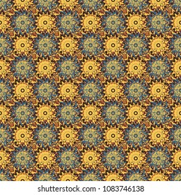 Vector blue, yellow and brown ethnic floral seamless pattern. Abstract Mandalas ornamental pattern.