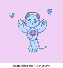 Vector blue and yellow cat listening to music and holding hands, paws up. Smiling colorful isolated kitten, kitty, pet with shut eyes and worn red headsets on, framed by two symbolic pigeons of peace.