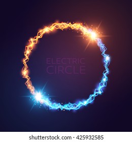 Vector blue and yellow electric circles. Magic effect illustration. Bright light bolts and stars on dark background