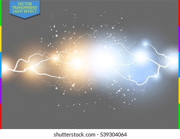 Vector blue and yellow electric lightning bolt. Energy effect illustration. Bright light flare and sparks on transparent background. Hot and cold sparkling power