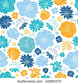 Vector blue and yellow flower silhouettes seamless pattern background on dark blue.