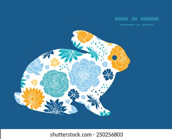 Vector blue and yellow flowersilhouettes bunny rabbit silhouette Easter frame