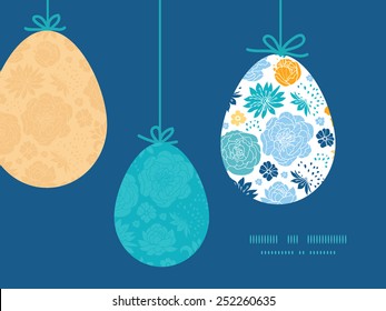 Vector blue and yellow flowersilhouettes hanging Easter eggs ornaments sillhouettes frame card template