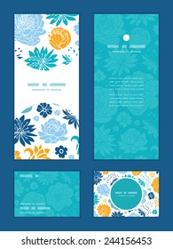 Vector blue and yellow flowersilhouettes vertical frame pattern invitation greeting, RSVP and thank you cards set