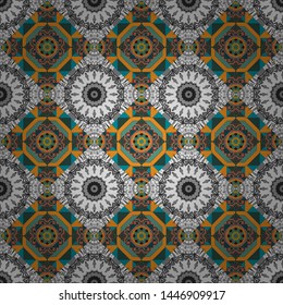 Vector blue, yellow and gray ethnic floral seamless pattern. Abstract Mandalas ornamental pattern.