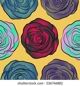 Vector blue, yellow and gray rose flowers seamless pattern.