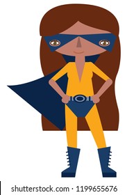 Vector blue and yellow masked and caped super heroine graphic editable illustration with super powers. Use for scrapbooking, crafting, quilting