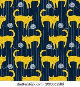 Vector blue and yellow mystery cat sketch rows seamless pattern with ball of yarn and stripes. Perfect for fabric, scrapbooking and wallpaper projects.