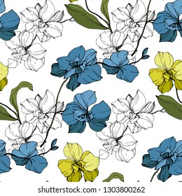 Vector Blue and yellow Orcid floral botanical flower. Wild spring leaf wildflower isolated. Black and white engraved ink art. Seamless background pattern. Fabric wallpaper print texture.