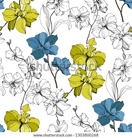 Vector Blue and yellow Orcid floral botanical flower. Wild spring leaf wildflower isolated. Black and white engraved ink art. Seamless background pattern. Fabric wallpaper print texture.