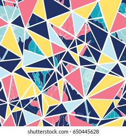 Vector blue, yellow, pink abstract floral triangles seamless repeat pattern design. Great for modern fabric, wallpaper, scrapbooking, giftwrap, packaging projects. Surface pattern design.