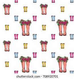 Vector blue, yellow, pink wellies illustration. Seamless pattern in watercolor style. Background for decoration seasonal celebration, fabrics, textile, greeting card and web banner.