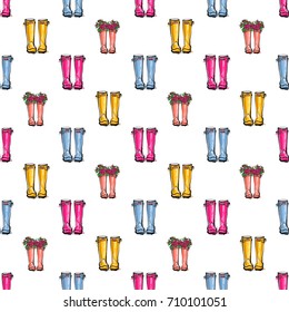 Vector blue, yellow, pink wellies illustration. Seamless pattern in watercolor style. Background for decoration seasonal celebration, fabrics, textile, greeting card and web banner.