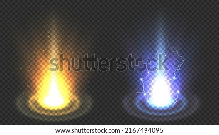 Vector blue and yellow power energy explosion light effect isolated on transparent background. Magic fantasy futuristic portal teleport. Electric lightning bolt sparks. Hot and cold sparkling burst