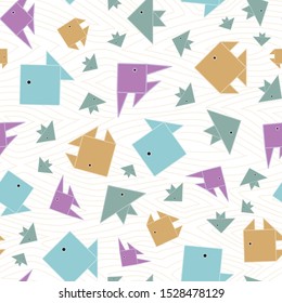 Vector Blue, Yellow, Purple, and Green Fish on White Background Seamless Repeat Pattern. Background for textiles, cards, manufacturing, wallpapers, print, gift wrap and scrapbooking.