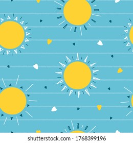 Vector Blue and Yellow Seamless Pattern with Cute Suns and Hearts Print. Cartoon Doodle Sun Vector Illustration. Sunny Sky Background for Kids Fashion, Nursery, Baby Shower Scandinavian Design