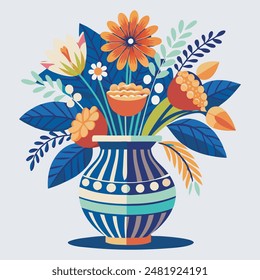 Vector blue and yellow vase with purple and green flowers, fully editable vector eps 10 file format